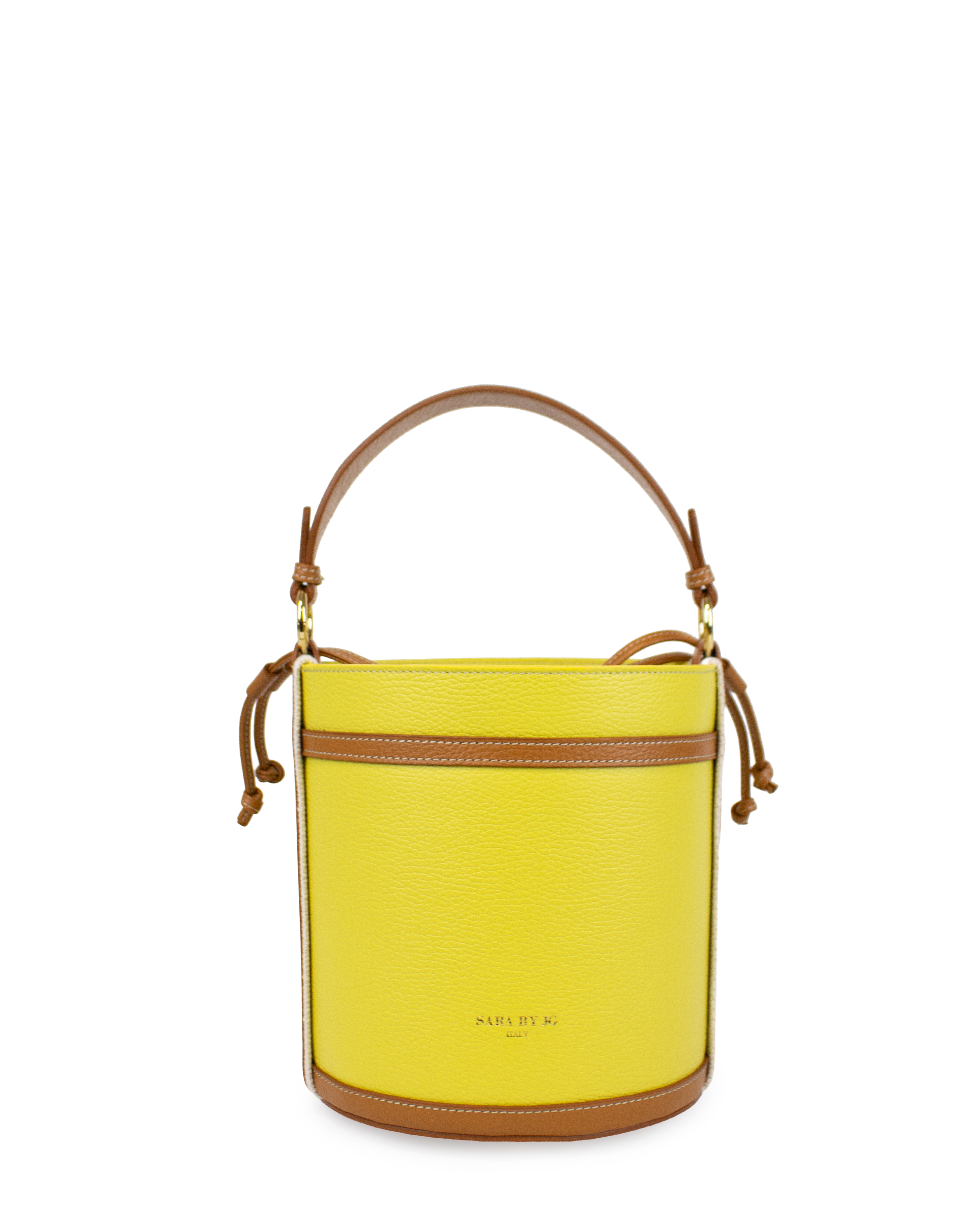Modern minimalist bucket bag in bright yellow leather with brown accents and adjustable strap.