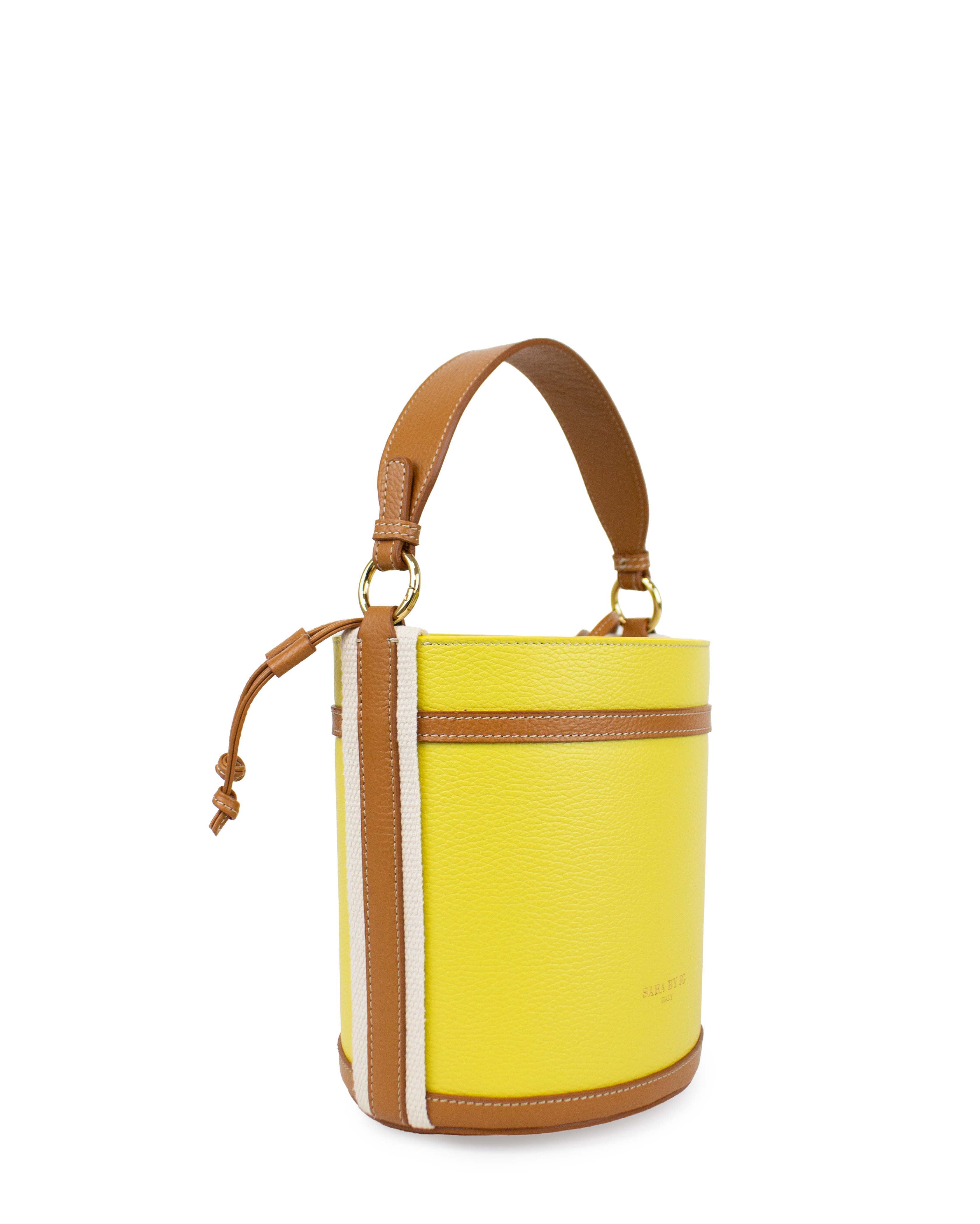 modern minimalist bucket bag in bright yellow with brown leather accents and adjustable strap