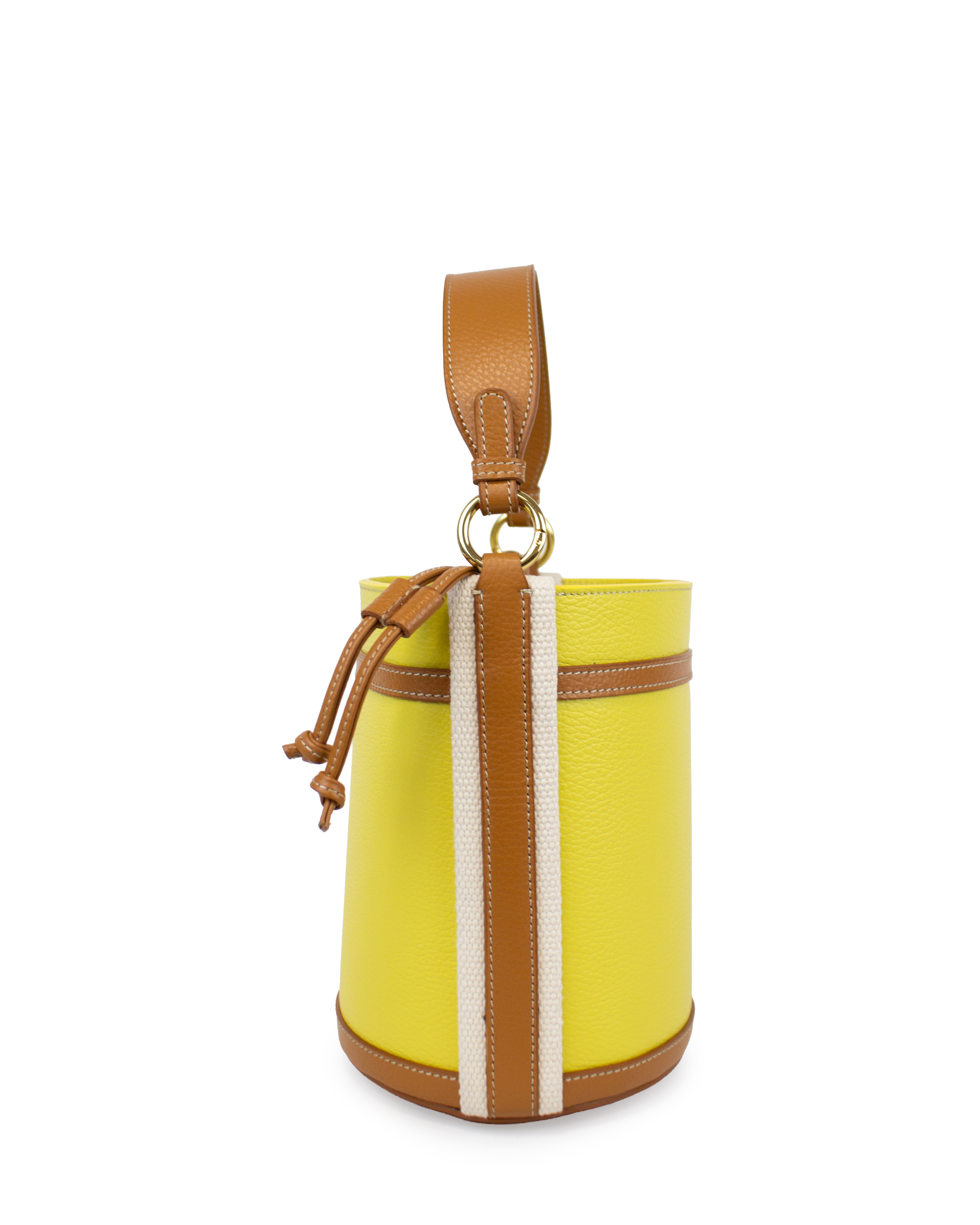 modern minimalist bucket bag in yellow with brown accents and adjustable strap