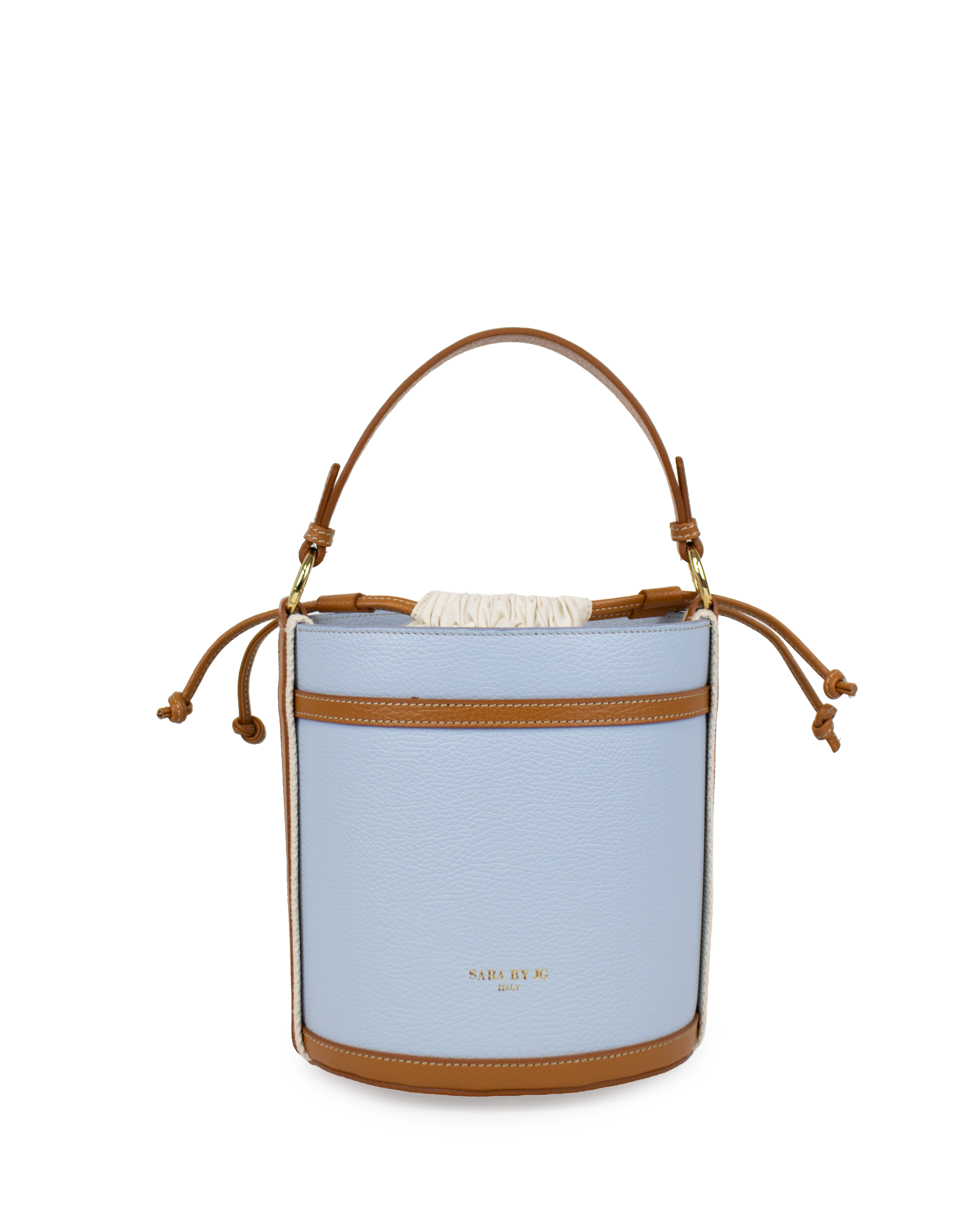 modern minimalist bucket bag in light blue with brown accents and adjustable strap