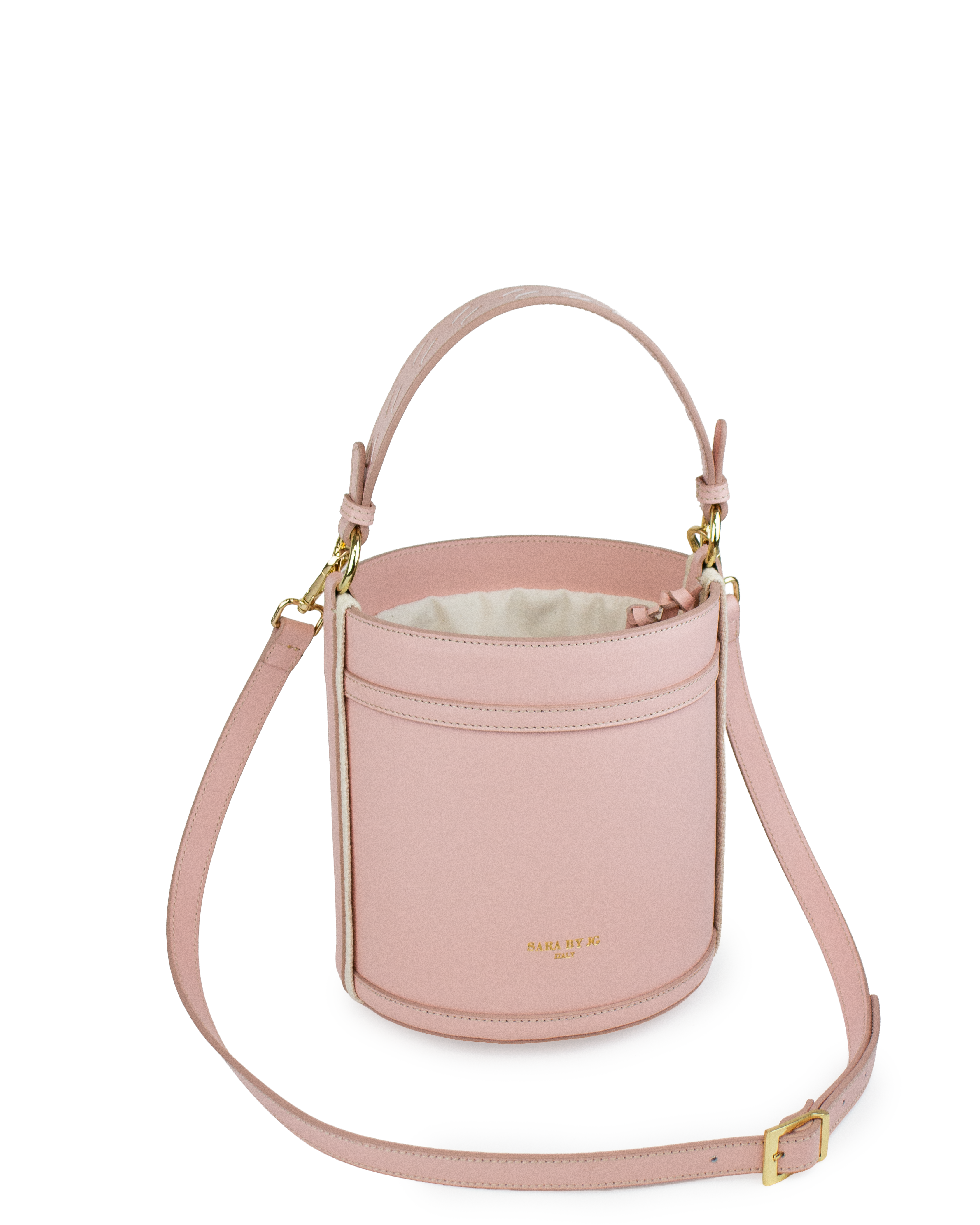 modern minimalist bucket bag in soft pink leather with adjustable strap and elegant details.