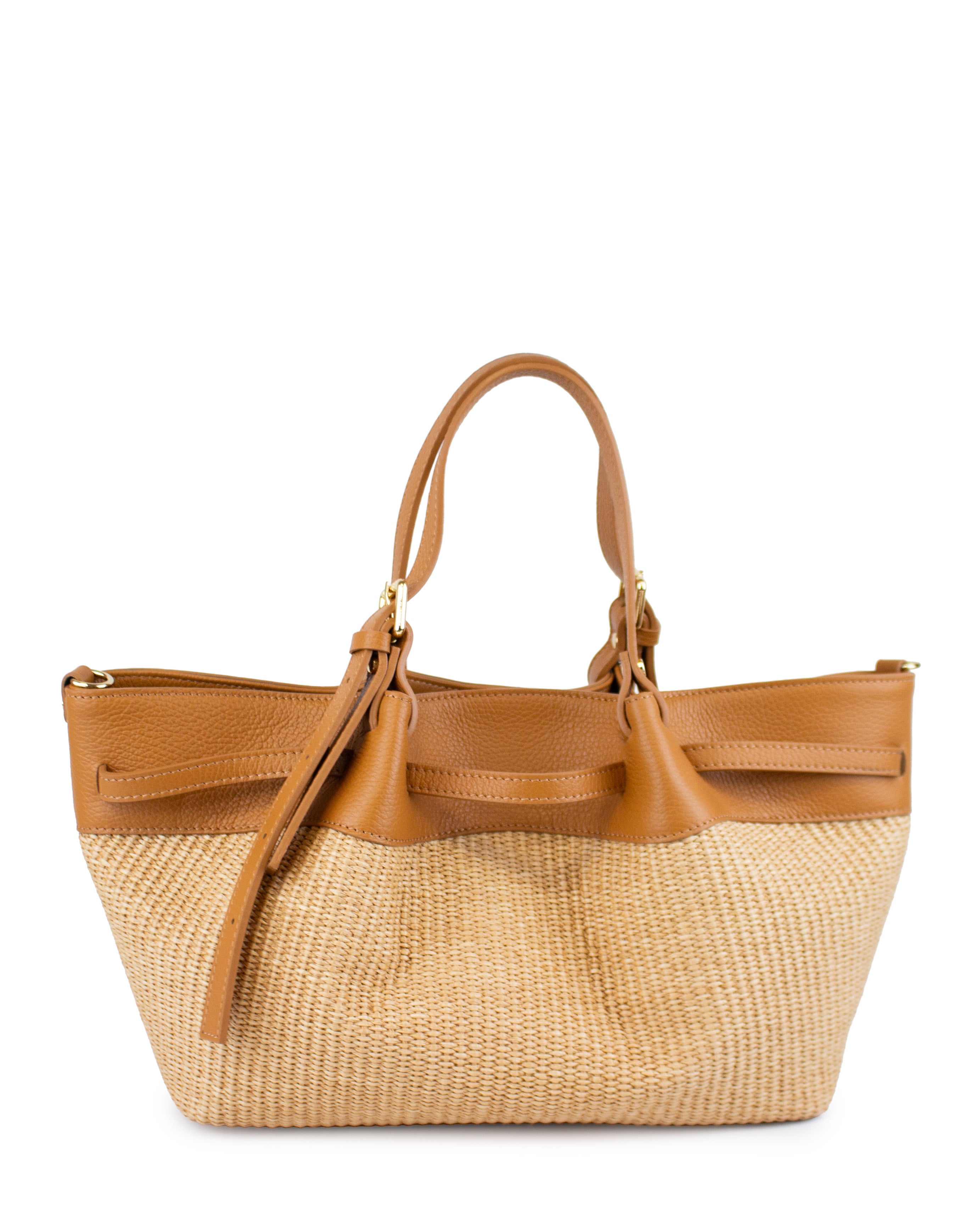 Handcrafted raffia bag featuring natural woven fibers and soft Italian leather.