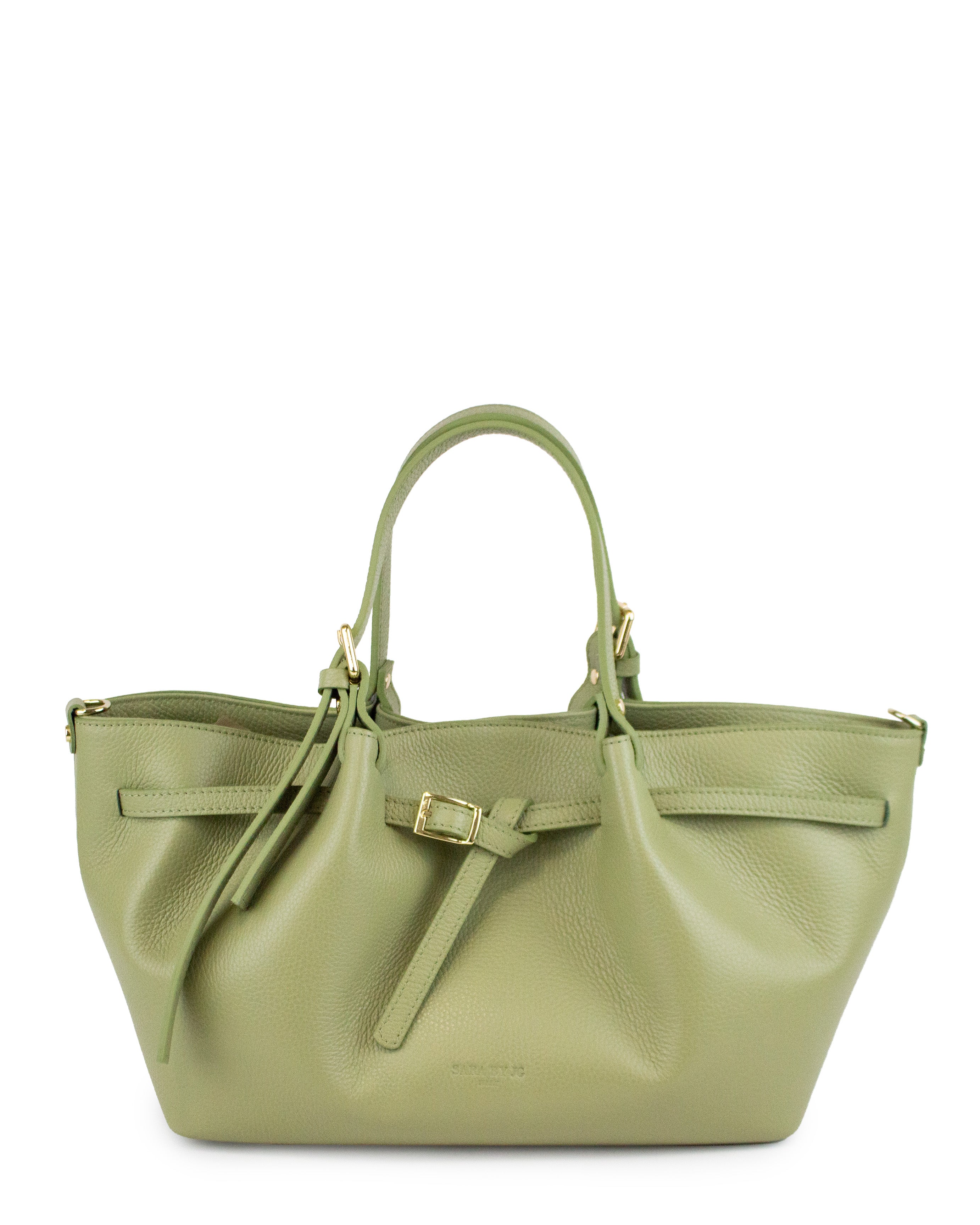 Italian leather handbag in refined olive-green tone with unstructured silhouette and soft folds.