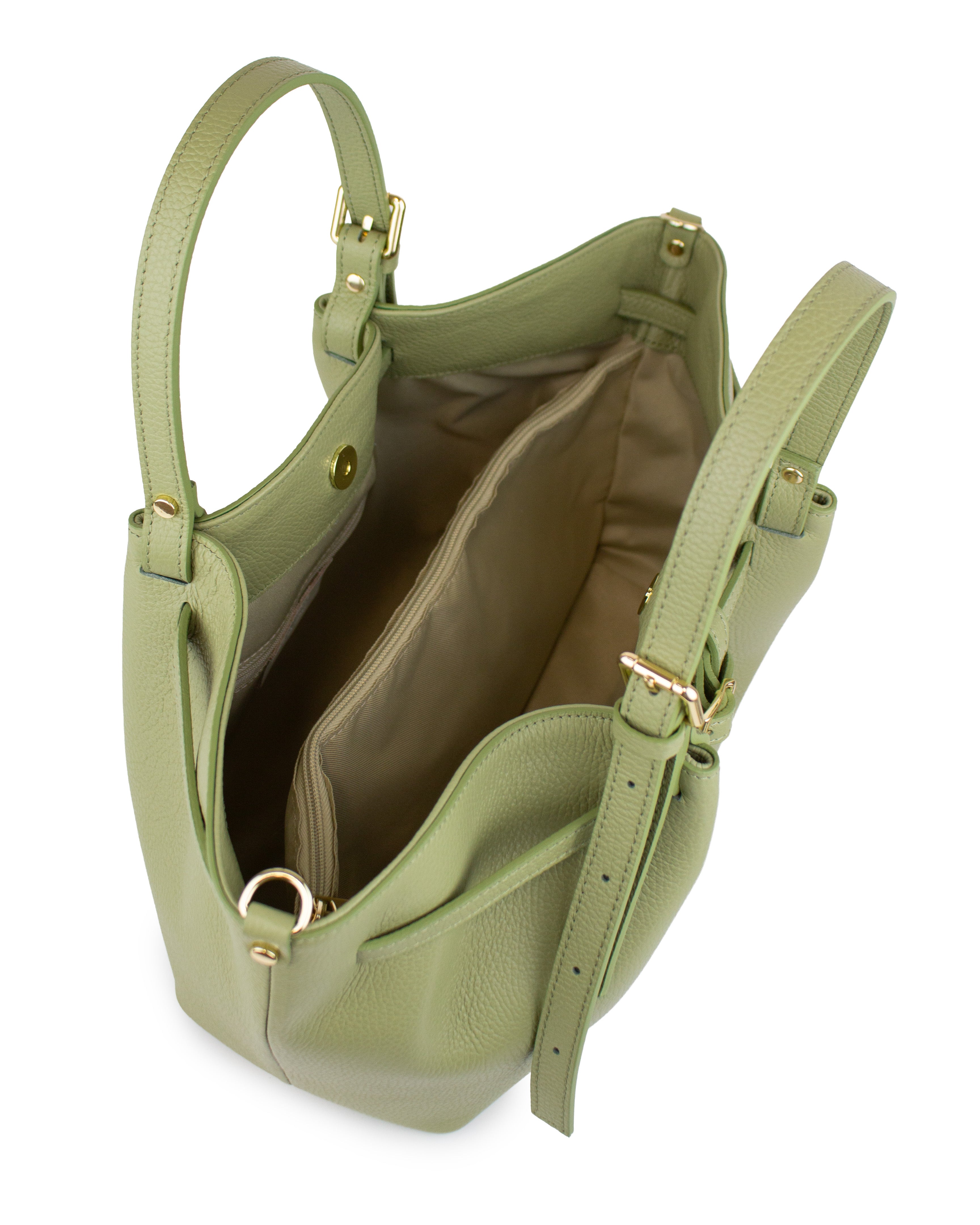 Open view of L'Enigmatica Italian leather handbag in olive-green with spacious interior and soft texture.