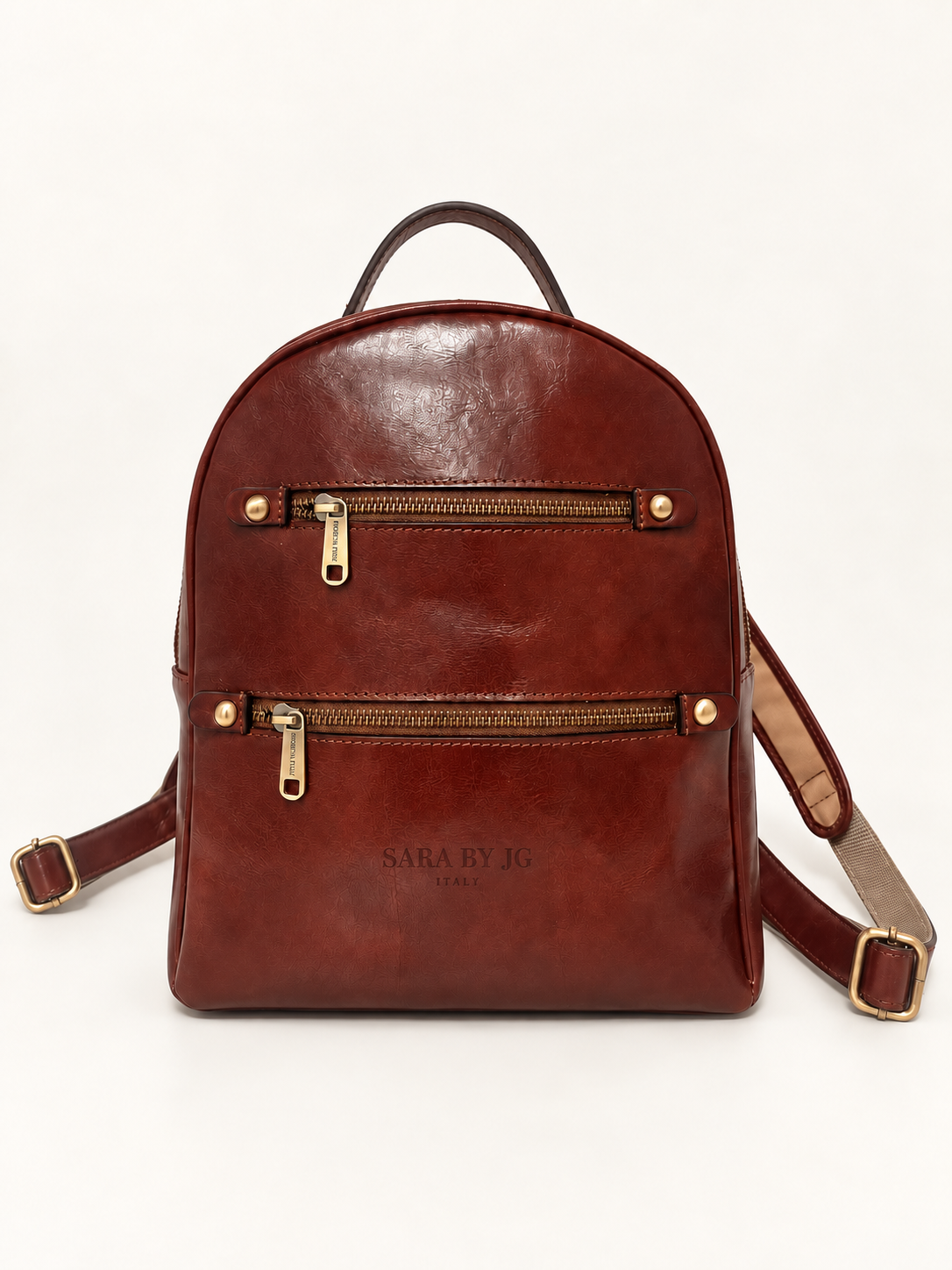 Vintage Double-Zip Backpack in cognac brown — SARA BY JG colourless heat-deboss branding preview