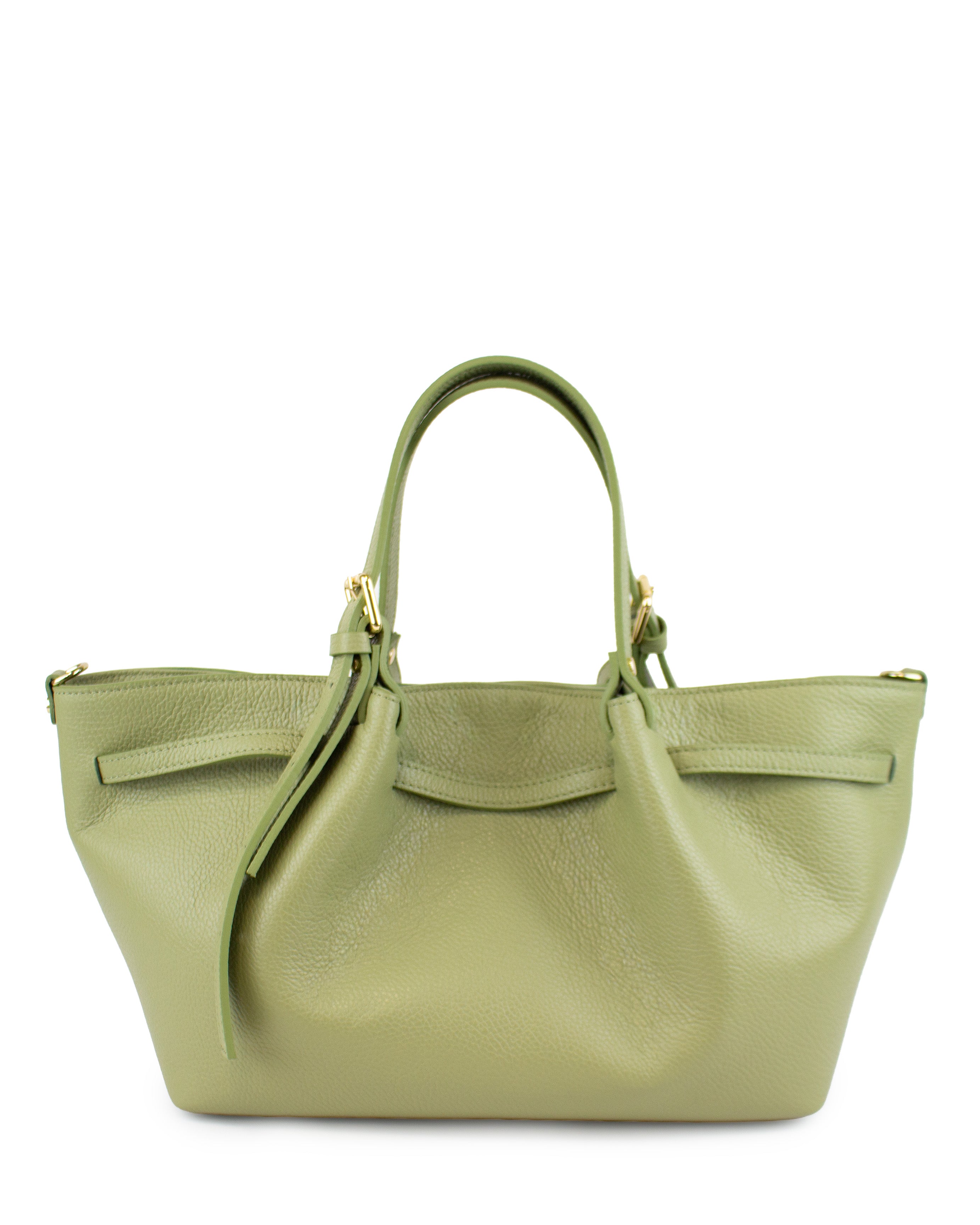 Italian leather handbag in refined olive-green tone with soft folds and structured design.