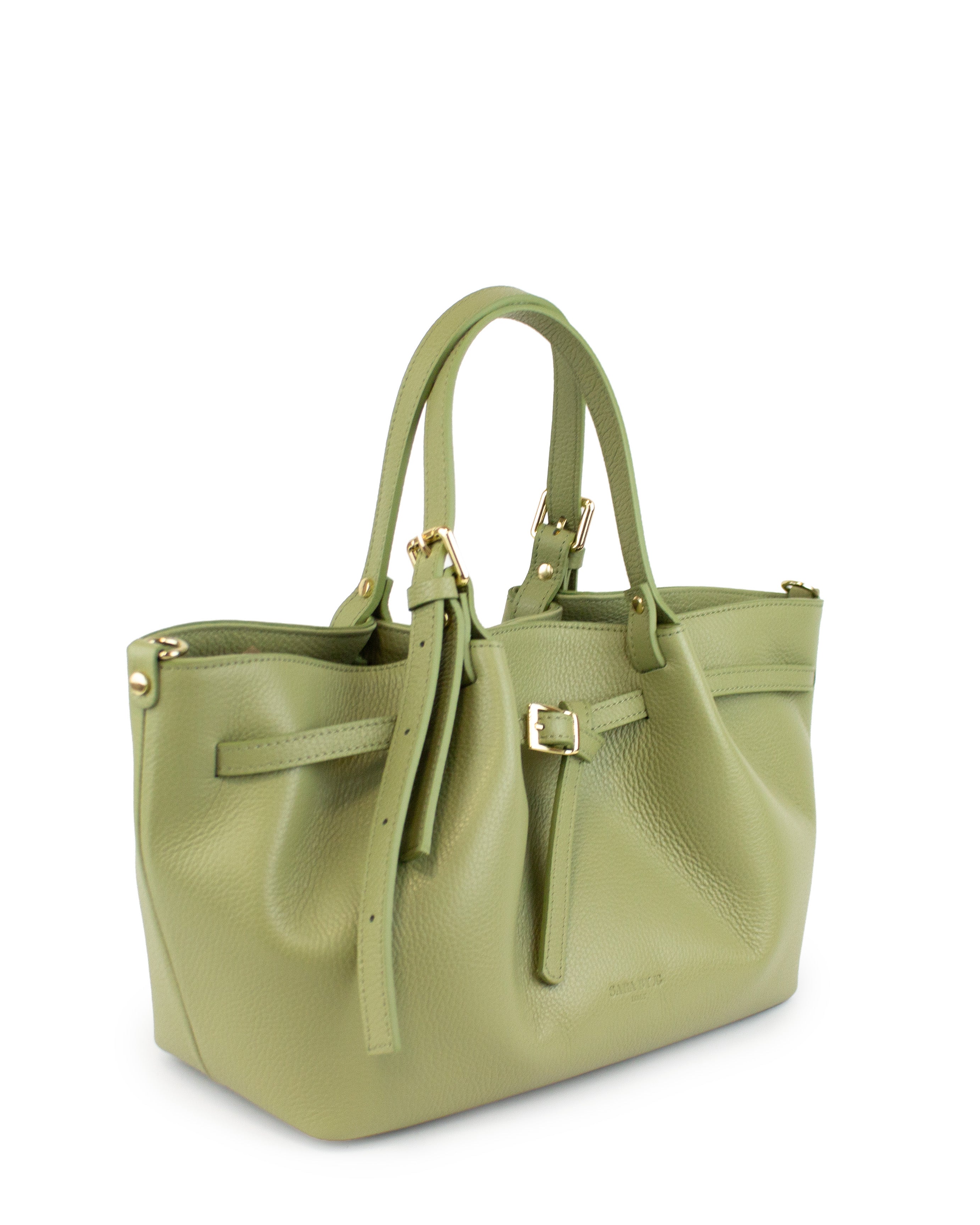 Italian leather handbag in refined olive-green with soft folds and clean lines, showcasing luxurious craftsmanship.