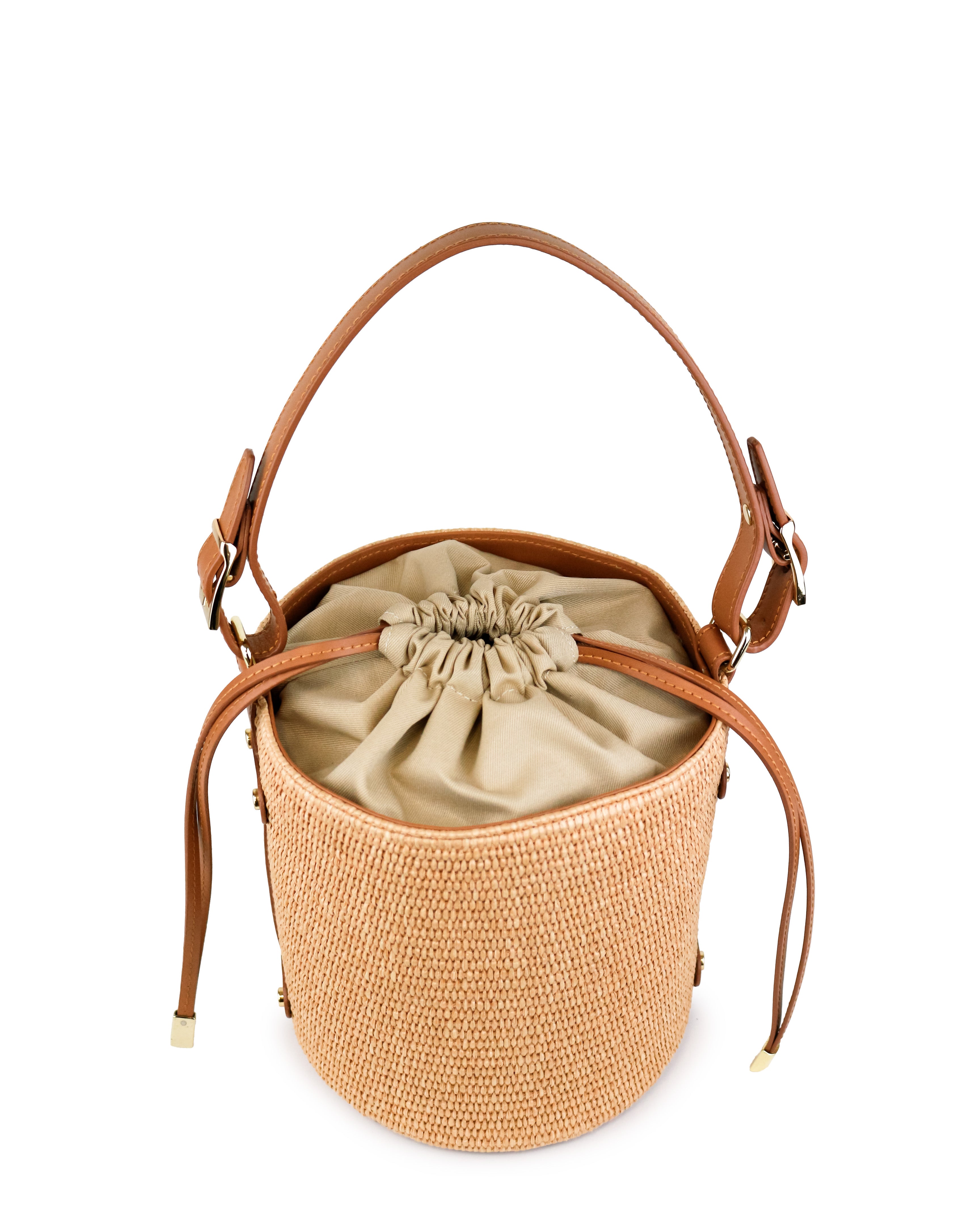 Raffia handbag La Raccolta in cylindrical shape with leather handles and a drawstring closure.