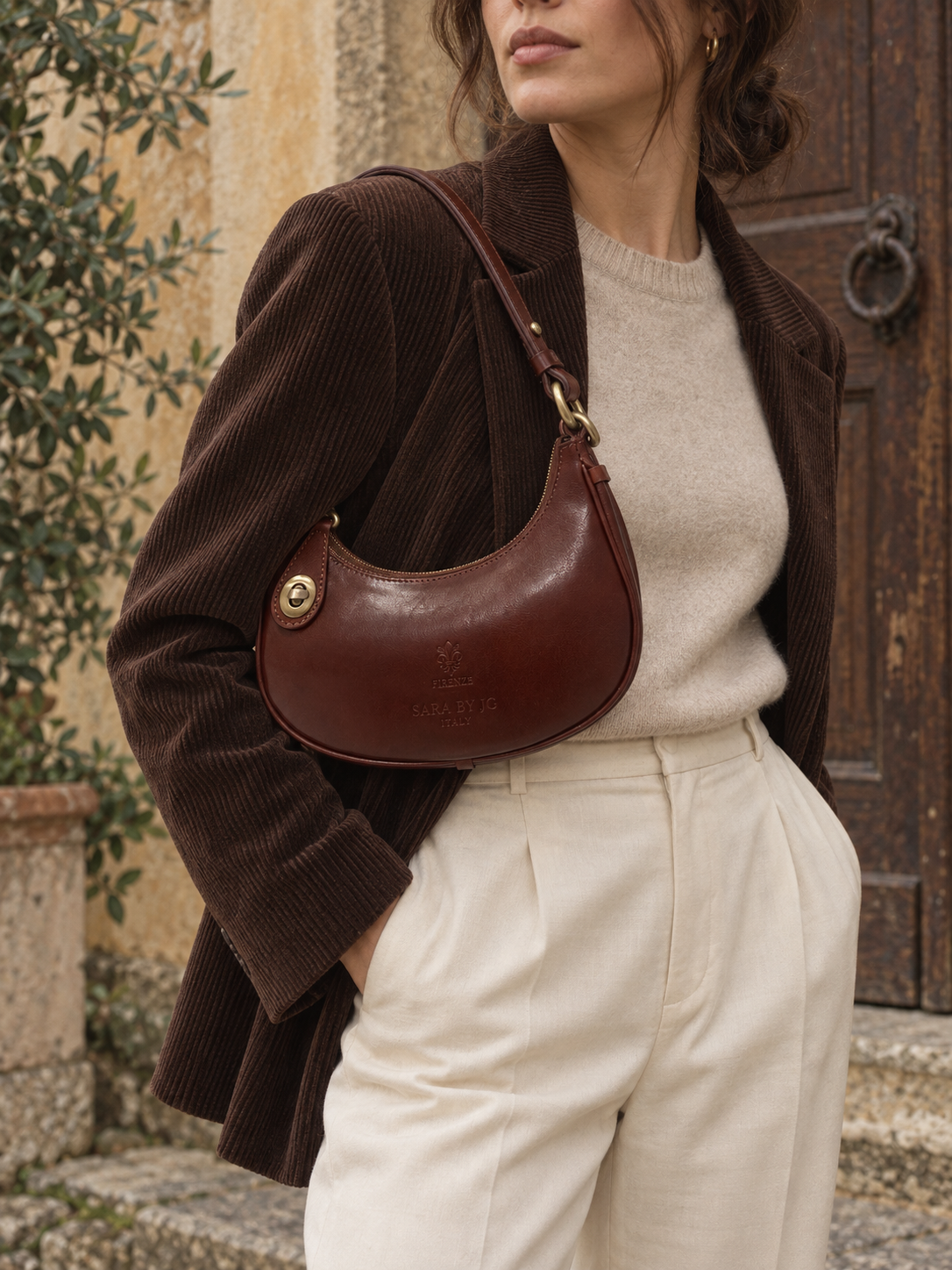 Crescent shoulder bag — Tuscan vintage-inspired lifestyle visualization