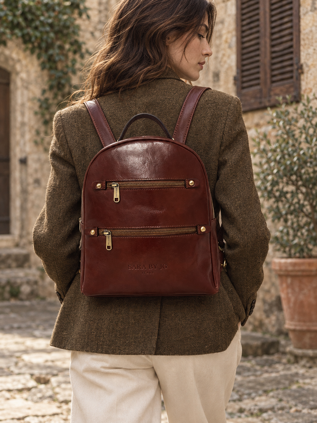 Vintage Double-Zip Backpack — Tuscan vintage-inspired lifestyle visualization