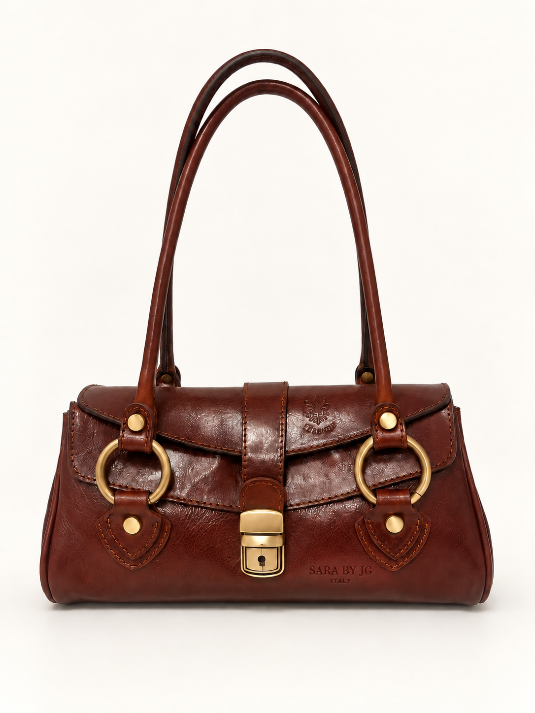 Vintage Lock Shoulder Bag in cognac brown — SARA BY JG colourless heat-deboss branding preview